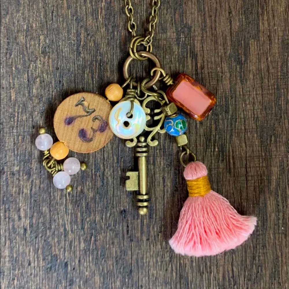 Handmade Brass Boho Style Tassel Charm Necklace 16"